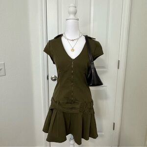 Military Green Buckle Drop Collared Pleated Dress